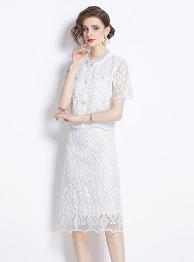 Embroidered Lace Blouse+Pencil Skirt Suit