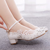 Square Heel Lace Rhinestone Round Toe Shoes