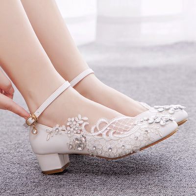 Square Heel Lace Rhinestone Round Toe Shoes