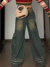 Pocket Tooling Straight Pants Retro Jeans