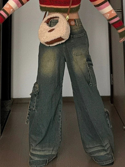 Pocket Tooling Straight Pants Retro Jeans