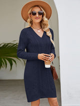Solid Color V-neck Long Sweater Dress