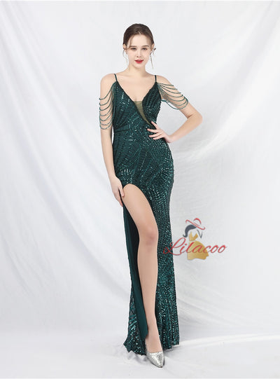 Spaghetti Straps Sequins Beading Porm Dress