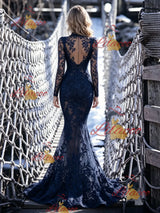 Sexy Navy Blue Mermaid Lace Prom Dress