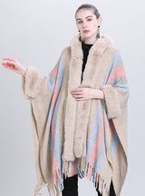 Colored Striped Fur Collar Fringed Shawl Cloak