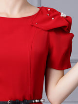 Red Short Sleeve Pearls Mother Of The Bride Dress