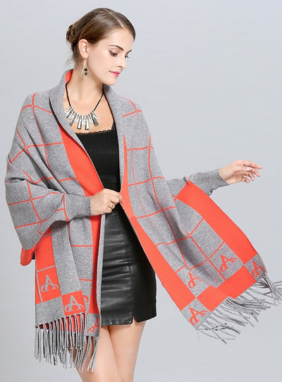 Plaid Tassel Long Knit Cardigan Shawl