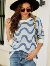 Loose Round Neck Wavy Jacquard Contrast Sweater