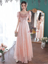 Pink Sequins Velvet Puff Sleeve Prom Dress