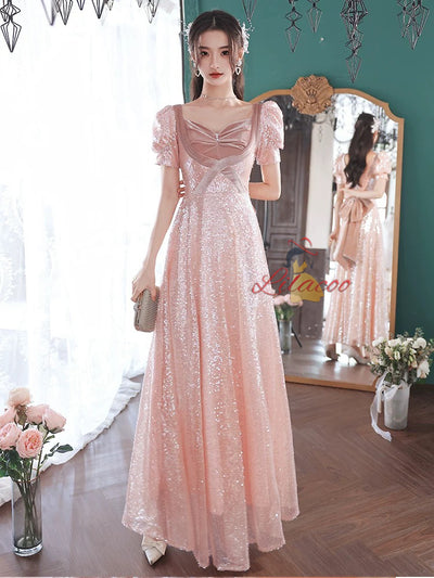 Pink Sequins Velvet Puff Sleeve Prom Dress