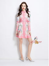 Retro Lapel Button Printed Dress