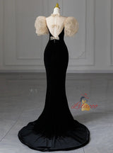 Black Mermaid Velvet Puffy Sleeve Prom Dress