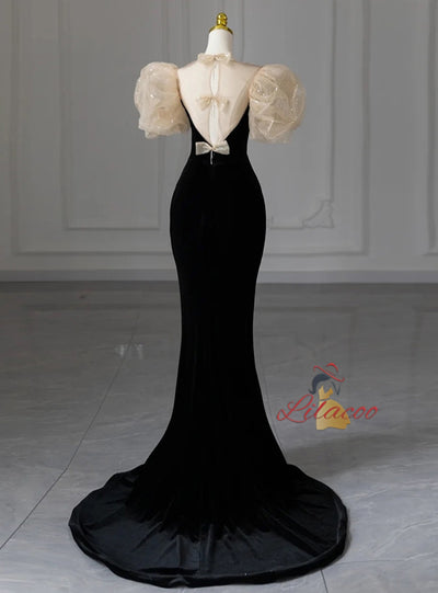 Black Mermaid Velvet Puffy Sleeve Prom Dress