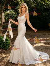 White Mermaid V-neck Lace Wedding Dress
