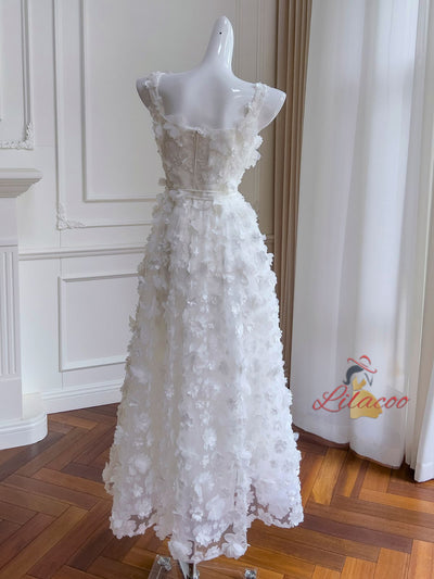 White Tulle Straps 3D Flower Prom Dress