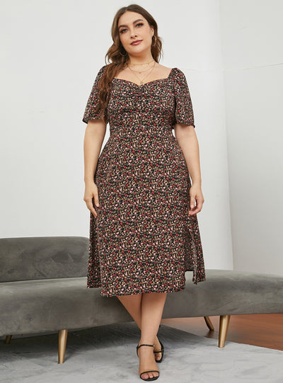 Square Neck Split Long Floral Dress