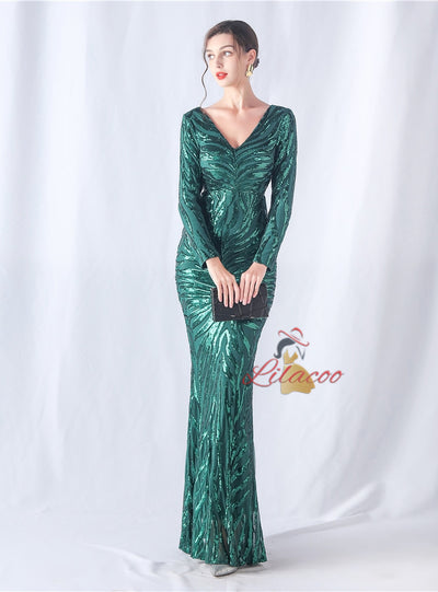 Mermaid V-neck Long Sleeve Sequins Prom Dress