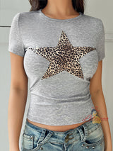 Leopard Print Round Neck Short Sleeve T-shirt