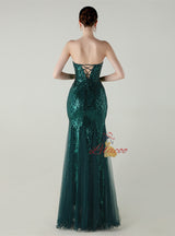 Sequins Tulle Strapless Beading Prom Dress