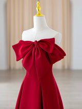 Burgundy Strapless Bow Prom Dress