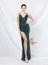 Spaghetti Straps Sequins Split Prom Dress