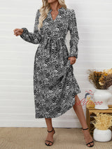 Ethnic Printed V-neck Long-sleeved Dress