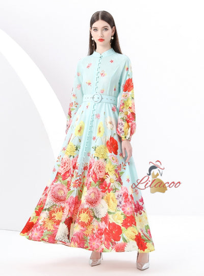 Retro Stand-up Printed Long Dress