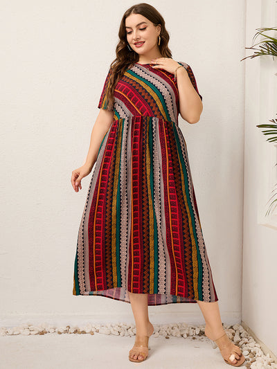 Round Neck Stitching Printed Short Sleeve Dress