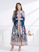 Long Sleeve Retro Print Long Dress