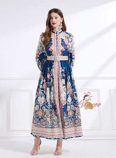 Long Sleeve Retro Print Long Dress