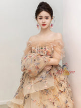 Champagne Tulle Embroidery Flower Prom Dress
