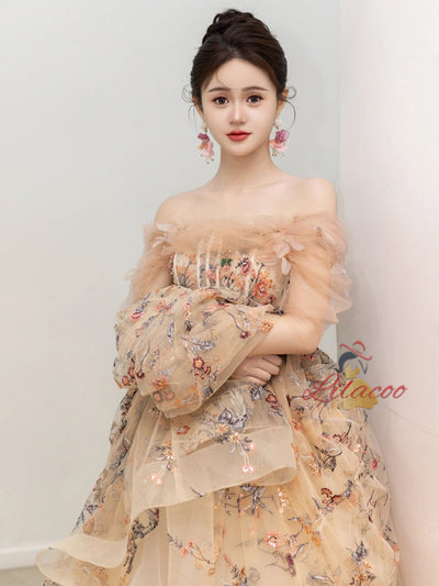 Champagne Tulle Embroidery Flower Prom Dress
