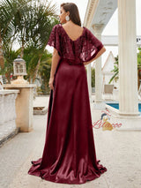 Burgundy Satin Sequins V-neck Prom Dress