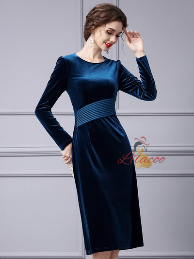 Simple Blue Velvet Long Sleeve Mother Of The Bride Dress
