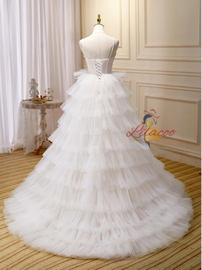 White Tulle Spaghetti Straps Tiers Wedding Dress