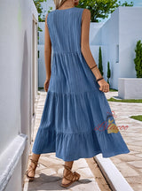Button Solid Color V-neck Sleeveless Dress