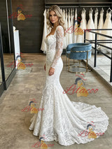 White Mermaid Lace Long Sleve Square Neck Wedding Dress