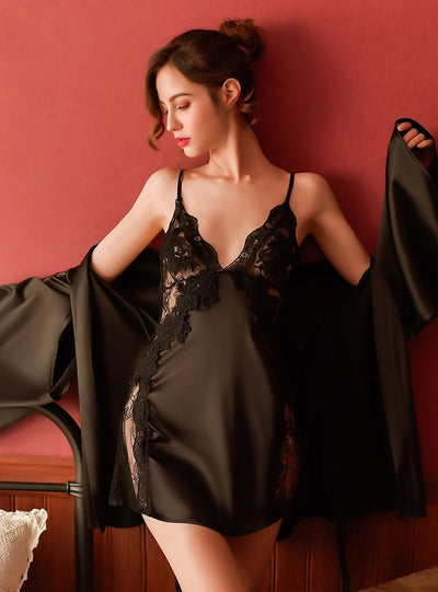 Sexy Lace Perspective Suspender Nightdress Suit