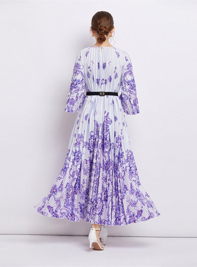Cropped Sleeve Round Neck Printed Pleated Dress