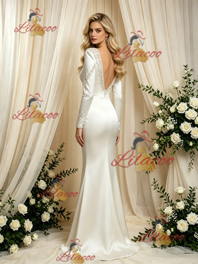 Ivory Mermaid Satin Long Sleeve Wedding Dress
