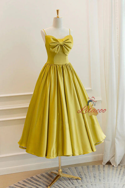 Yellow Satin Spaghetti Straps Bow Prom Dress