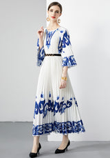 Pleated Blue and White Porcelain Loose Dress