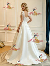 Beige White Satin Short Sleeve Lace Wedding Dress