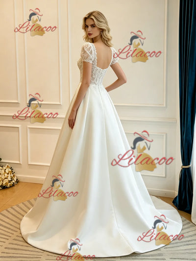 Beige White Satin Short Sleeve Lace Wedding Dress