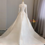 Ivory White Satin Long Sleeve Wedding Dress