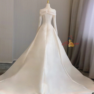 Ivory White Satin Long Sleeve Wedding Dress
