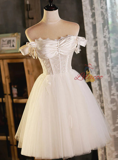 White Tulle Button Pleats Homecoming Dress