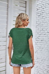 Solid Color U-neck Loose Pleated Short Sleeve T-shirt