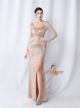 Long Sleeve Sequins Split Prom Dress