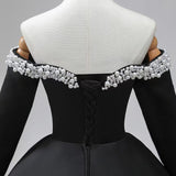 Black Satin Long Sleeve Pearls Off the Shoulder Prom Dress